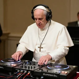 the pope wearing headphones DJing with DJ turntables, photoreal