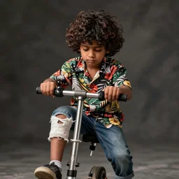 indian boy with curly big hair, broken leg, hawaiian shirt, jeans, sad, on scooter, photograph