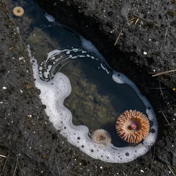 birds eye view tide pools, clear pools of water with swirling sea foam and colorful anemones, dark black volcanic rock, floating kelp, small fishes, octopus