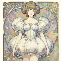 a copic maker art nouveau portrait of an anime girl detailed features wearing a puffy futuristic weeding dress designed by balenciaga by john berkey, norman rockwell akihiko yoshida