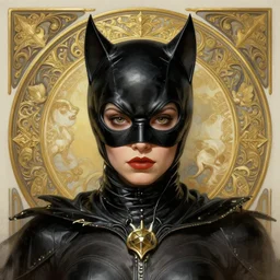 symmetry!! front - faced portrait of catwoman, intricate, elegant, highly detailed, my rendition, digital painting, artstation, concept art, smooth, sharp focus, illustration, art by artgerm and greg rutkowski and alphonse mucha