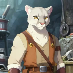 character portrait of a anthro!! albino mountain lion wearing miner's clothes at the mines. hidari, color page, tankoban, 4K, tone mapping, Akihiko Yoshida.