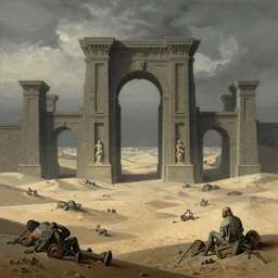 massive gates of hell in a vast deserts of the dead in the style of gustave dore, overcast, dramatic lighting, epic, photorealistic, gustave dore, soey milk, john martin, peter mohrbacher, james gurney, trending on artstation
