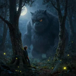 a small boy leaning on a tree encounters a giant furry one - eyed monster in a misty moonlit forest, painting by peter mohrbacher. surrounded by fireflies, cinematic lighting, trending on artstation