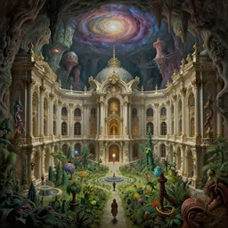 an epic elite masterpiece mysterious sci - fi matte painting of a baroque palace through haunted cave dream worlds with surreal brutalist structures inspired by heironymous bosch's garden of earthly delights, surreal lush landscapes by asher durand and cyril rolando and natalie shau and thomas kinkade, insanely detailed and intricate, elegant, subterranean galaxy