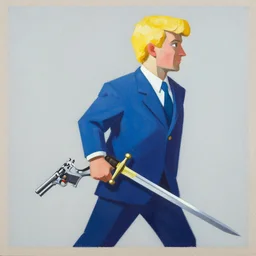 greg manchess painting of a blond man in a blue suit with a sword and a pistol, asymmetrical, profile picture, organic painting, sunny day, matte painting, bold shapes, hard edges, street art, trending on artstation, by huang guangjian, gil elvgren, ruan jia, randy vargas, greg rutkowski