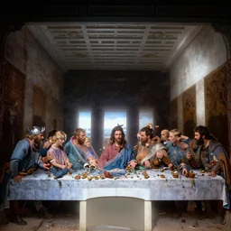 vikings revel at the last supper, by Rolf Armstrong and Evelyn De Morgan and Bastien Lecouffe-Deharme, dramatic lighting, high contrast colors, baroque, empyrean, panoramic view, as trending on Artstation, highly detailed, doom engine,