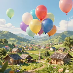 a lot of floating birthday balloons. beautiful village. digital art, highly - detailed, artstation cgsociety masterpiece