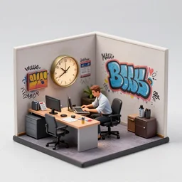 man working over hours, office in miniature, office walls sprayed and tagged with graffityand edding markers, in the style of beksinski, parts by edward hopper, intricate composition by bosch, red by caravaggio, insanely quality and details, masterpiece