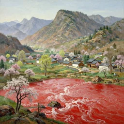 a gorgeous early spring landscape painting by barlowe wayne maxfield parrish and marco mazzoni. china mountain village. ultra clear detailed. 3 d, octane render. turbulent blood lake.
