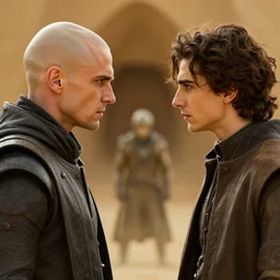 a duel between bald_ominous_brooding_Austin_Butler_as_Feyd-Rautha_Harkonnen against Timothee_Chalamet_as_Paul_Atreides, in an arena in movie Dune-2021, golden ratio, clear gaze, detailed eyes