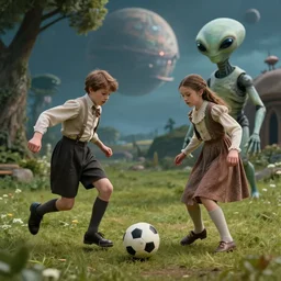 sharp, highly detailed, film from a 2 0 1 9 sci fi 8 k movie, set in 1 8 6 0, a boy and a girl playing soccer with a humanoid alien in a park, on an alien planet, wearing 1 8 6 0 s clothes, atmospheric lighting, in focus, reflective eyes, 3 5 mm macro lens, live action, nice composition