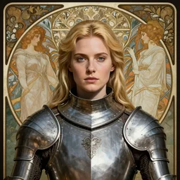 masterpiece head-on symmetrical centered portrait, Elisha Cuthbert as a medieval knight, blonde hair, steel armour, art nouveau, gothic, victorian, elegant, distant, in the style of Edgar Maxence and Ross Tran and Zdzisław Beksiński and Michael Whelan and Mucha and Gustave Doré, specular highlights, 8k, octane render