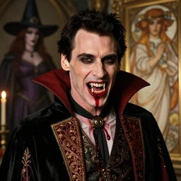 beautiful, jim carrey as a vampire, extreme blood, vampire fangs, medieval dress. witch, makeup. unreal engine, greg rutkowski, loish, rhads, beeple, tom bagshaw, alphonse mucha, global illumination, detailed and intricate environment