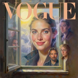 3 d, sci - fi, morning, old window, smiling fashion model face, sun, lightning clouds, vogue cover style, morning colors mood, cinematic, realistic painting, intricate oil painting, high detail, figurative art, multiple exposure, poster art, 3 d, by stanley kubrick and tooth wu and wlop and beeple and greg rutkowski