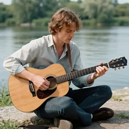Nick Drake siting by the River playing River Man on his guitar, Real Event, Realistic, Black and White footage, HD