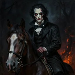 neoclassicist close - up portrait of a surrealist horror villian on a horse. dark black halloween scene, glowing atmosphere. surrealism. highly detailed science fiction horror painting by norman rockwell, frank frazetta, and syd mead. rich colors, high contrast, gloomy atmosphere. trending on artstation and behance.