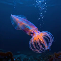 bioluminescent underwater cyberpunk life fighting, cyberpunk squid, siphonophore, extreme light, blue, orange, purple, cyberpunk submersible, deep ocean, bottom of the sea, dark, extreme depths, organic, mariana trench, midnight zone, bubbles, hyper realistic, hyper detailed, digital art, trending in artstation, studio quality, photorealistic, photo, by jesper ejsing, wlop, paul lehr