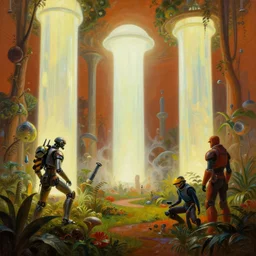 lush garden dramatic perspective organic 3 d fractal vapourware colours a minimalist cinematic scifi with giant bright translucent bioluminescent microscopy, gigantic pillars, maschinen krieger, beeple, the matrix, star wars, ilm, star citizen, mass effect, oil painting by donato giancola, chris foss, warm coloured, artstation, atmospheric perspective