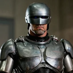 film still close - up shot of dwayne johnson as robocop from the movie robocop. photographic, photography
