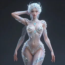 full body detailed, ethereal, futuristic, covered in sparkling gems glowing, translucent accesories, weird tape on body, highly detailed face, elegant seducing pose, intricate, extremy detailed, beeple, cushart krenz, cgsociety, 3 d unreal engine octane render. cinematic lighting, highly detailed 4 k art