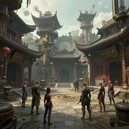 steampunk architecture group fusion ancient chinese courtyard ， cyberpunk style by greg rutkowski and thomas kinkade, trending on artstation epic movie shot