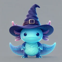 ortographic view of Bioluminescent, portrait of axolotl wearing wizard hat, very intricate , by Jen Bartel and Dan Mumford and Satoshi Kon, gouache illustration, vivid colors