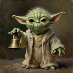 old oil painting of a yoda holding a round bell, trending on artstation