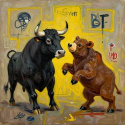 bull and bear fighting, oil on canvas, basquiat style