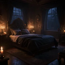 videogame cinematic still of a very dark night luxury bedroom, candlelight, dusk, shadows, volumetric lighting, raytracing