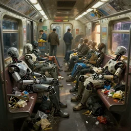 cyberpunk detail painting of subway car full of garbage with sleeping humanoid robots, dramatic lighting, strong realistic volumetric lighting, strong subsurface scattering, back lighting, image from new scifi movie from digital domain, paint by daniel spoerri, by stan stalenhag