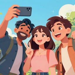 3 best friends doing a fun selfie full color digital illustration in the style of don bluth, artgerm, artstation trending, 4 k