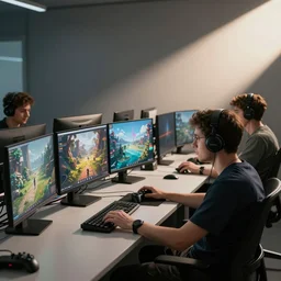 a photograph of video game developers working hard to ship a game