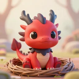 a portrait of a cute happy tiny red and black chibi dragon in a nest, black eyes, octane render, depth of field, beautiful lighting, pastel colors