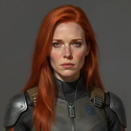 Portrait of a woman by Greg Rutkowski, she is about 40 years old, redhead, long straight hair, beautiful oval face, wearing a futuristic tactical gear, older sister vibes, sad and resigned expression, highly detailed portrait, digital painting, artstation, concept art, smooth, sharp foccus ilustration, Artstation HQ.