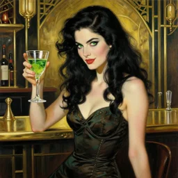 a crafty seductive woman in a cocktail dress holding a glass of absinthe. she has long wavy black hair and green eyes and a smirk. she is in a brass art deco bar. beautiful painting by artgerm and greg rutkowski and alphonse mucha
