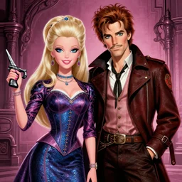 barbie and ken as bonnie and clyde, in the style of artgerm, illustration, epic, fantasy, intricate, hyper detailed, artstation, concept art, smooth, sharp focus, ray tracing, vibrant, photorealistic, simon bisley