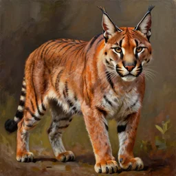 an oil painting of caracal, pattern of tiger, tiger stripes, domestic caracal, cat, strong, dramatic impactful colors, by artgerm, hd, hdr, ue 5, ue 6, unreal engine 5, cinematic 4 k wallpaper, 8 k, ultra detailed, gta 5 cover art, high resolution, artstation, award winning