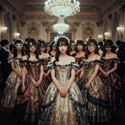 lomography, full body portrait photo of many young japanese women like reol in a wide victorian ballroom interior at a crowded masquerade party, wearing an ornate dress designed by antoni gaudi, moody, realistic, dark, skin tinted a warm tone, light blue filter, hdr, rounded eyes,, detailed facial features