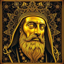 detailed farid shawqi golden statue, by james gurney + intricate and vibrant gold line work + tarot card + mandelbulb fractal + full of black layers + portrait + trending on artstation + incredible gold and black gothic illustration + exquisite detail