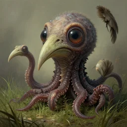 hyperrealistic detail art of cthulhueqsue lovecraftian beaks tentatcles feathers grasses big eyes grotesque yet cute creatures by james audubon ernst haeckel