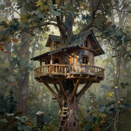 steve buscemi building a tree house. gouache fairytale art, russian romanticism, muted palette, backlighting, depth of field