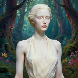 portrait, elgeant woman, ivory pale skin, halter neck, lost, in a magical forest, vibrant, hyperrealism, hyperrealism, unreal engine, elegant, by krenz cushart and charlie bowater, wlop, artgerm