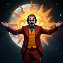 the image of clownvis presley with outstretched arms between the moon and the sun and a thousand stars ultra realistic, concept art, intricate details, serious, highly detailed, photorealistic, octane render, 8 k, unreal engine, art by todd mcfarlane and artgerm and greg rutkowski and alphonse mucha