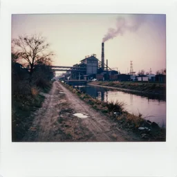 old dirt path behind steel mill along a water canal at dawn, smoke from factory chimney, water puddle, some trees, winter, vintage polaroid, circa 1 9 7 0