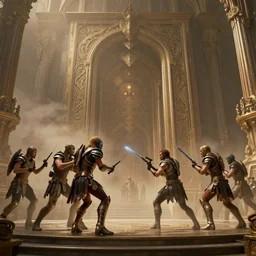 District 9 fighting Gladiators, high detail, 8k, ornate, masterpiece, complex, haze, film still from the movie directed by Denis Villeneuve with art direction by Pablo Picasso and Greg rutkowski, Alex Gray, wide angle