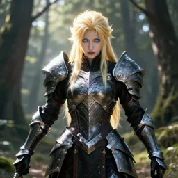 half - portrait, aasimar warlock, combat pose, glowing blonde hair, black and silver armor, bright blue eyes, ornate, very detailed, soft, sunlit forest, 1 6 k, octane render, ross tran, greg rutkowski, magali villeneuve, ayami kojima, symmetry