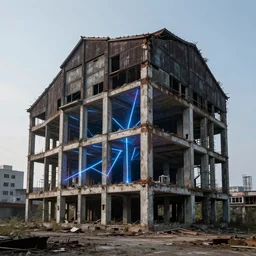 a beautiful photorealistic highly detailed abandoned unfinished building building urbex architecture industrial architecture housebarn city by bjarke ingels, galactic laser neon signs sci - fi, archdaily, wallpaper, highly detailed, trending on artstation.