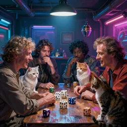 people playing dice with cats in a neon basement, by john kricfalusi and syd mead