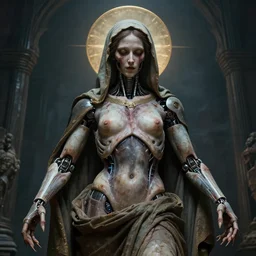 the blasphemous caricature of the human body, cyborg, hyperealistic detailed photography, divinity, awful, religious art, cyberpunk